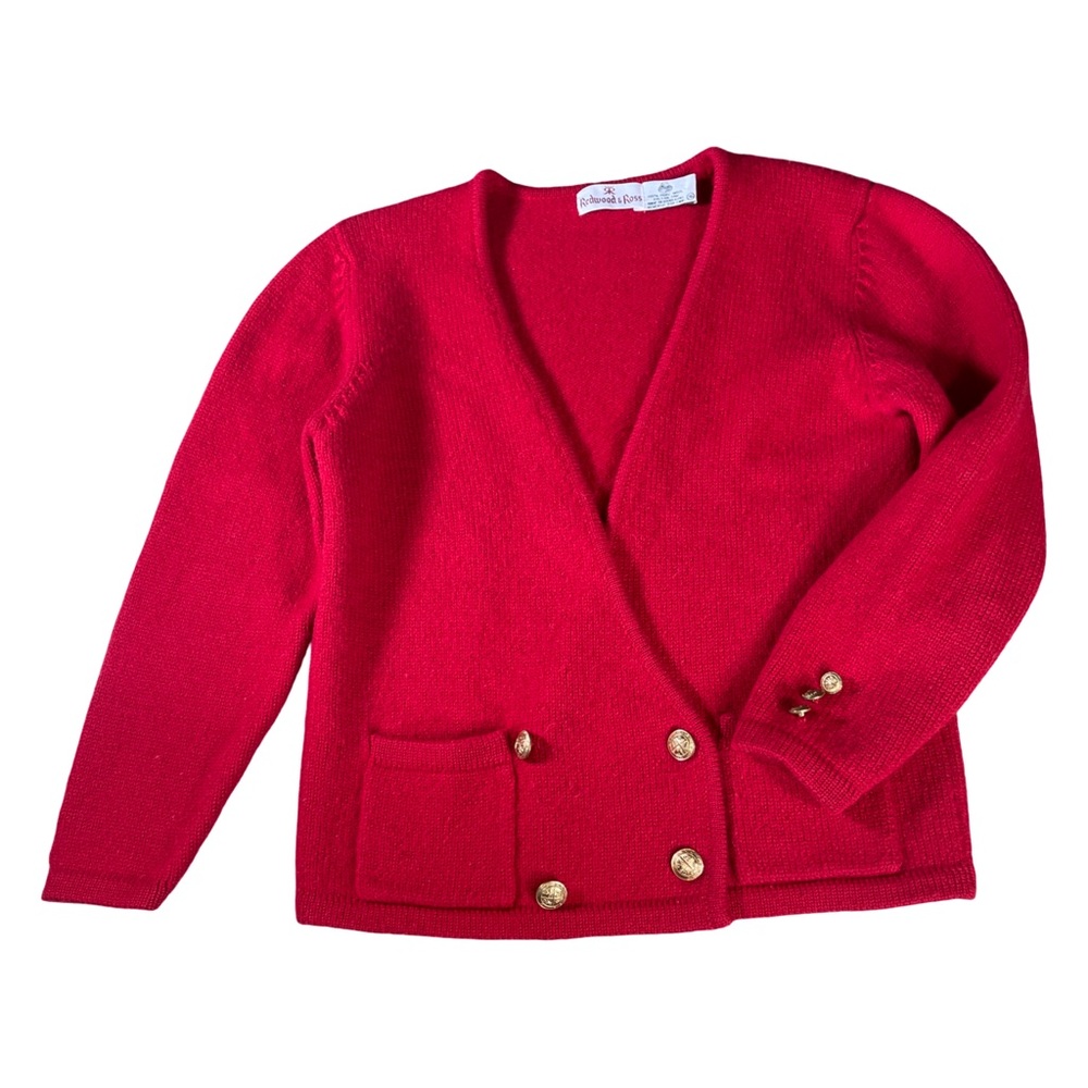 Vintage Redwood & Ross 100% Wool Double Breasted Cardigan Gold Buttons - Red